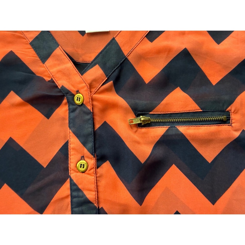 Papermoon Womens Coral Navy Chevron Zig Zag V-Neck Roll Tab Sleeve Blouse M - Picture 5 of 7